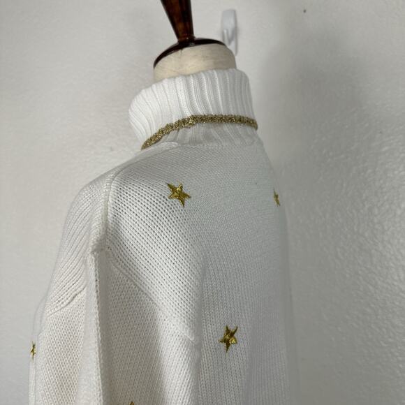 VTG Quacker Factory Sweater Medium Oversized Cream Turtleneck Gold Stars Holiday - Picture 6 of 12